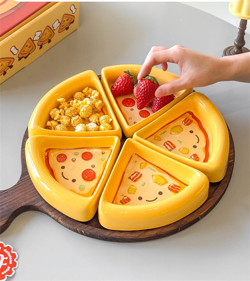 Cute Pizza Shaped Ceramic Divided Serving Tray 5-Piece Snack Platter Set for Party Home Decor