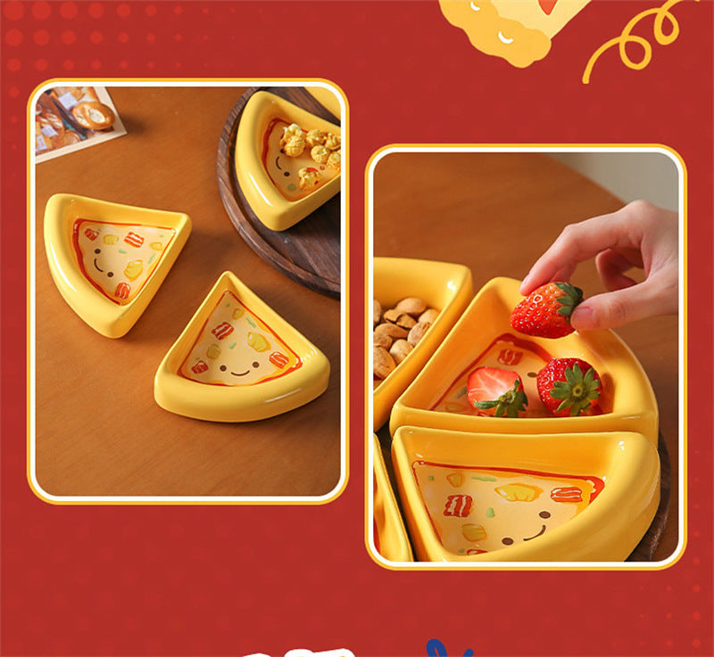 Cute Pizza Shaped Ceramic Divided Serving Tray 5-Piece Snack Platter Set for Party Home Decor