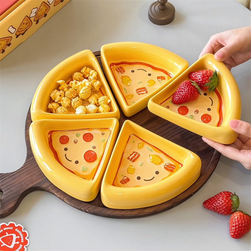 Cute Pizza Shaped Ceramic Divided Serving Tray 5-Piece Snack Platter Set for Party Home Decor