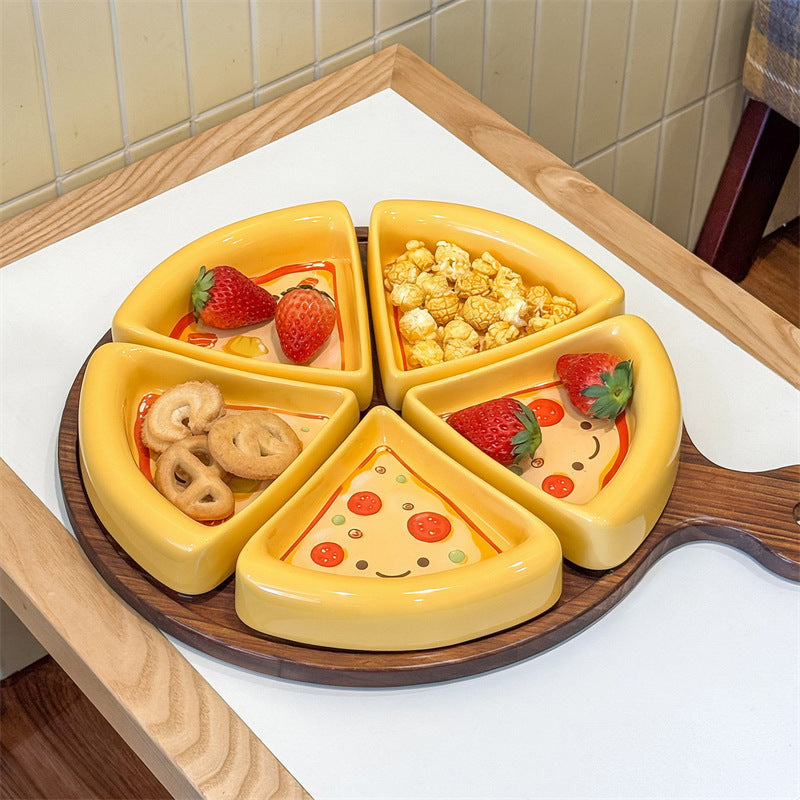 Cute Pizza Shaped Ceramic Divided Serving Tray 5-Piece Snack Platter Set for Party Home Decor