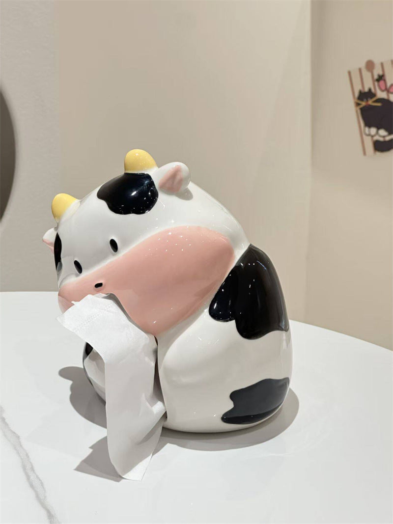 Cute Plump Cow Ceramic Tissue Box , Glossy Kawaii Animal Facial Tissue Holder, Aesthetic Tabletop Decor