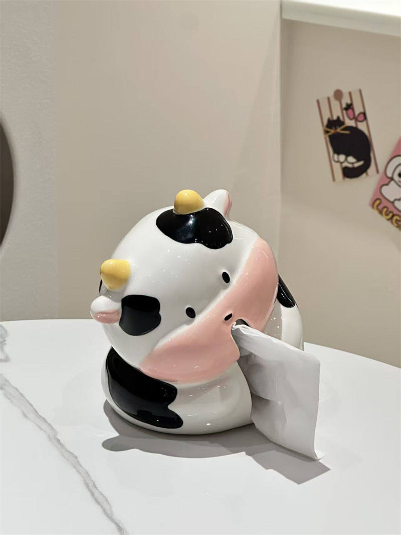 Cute Plump Cow Ceramic Tissue Box , Glossy Kawaii Animal Facial Tissue Holder, Aesthetic Tabletop Decor