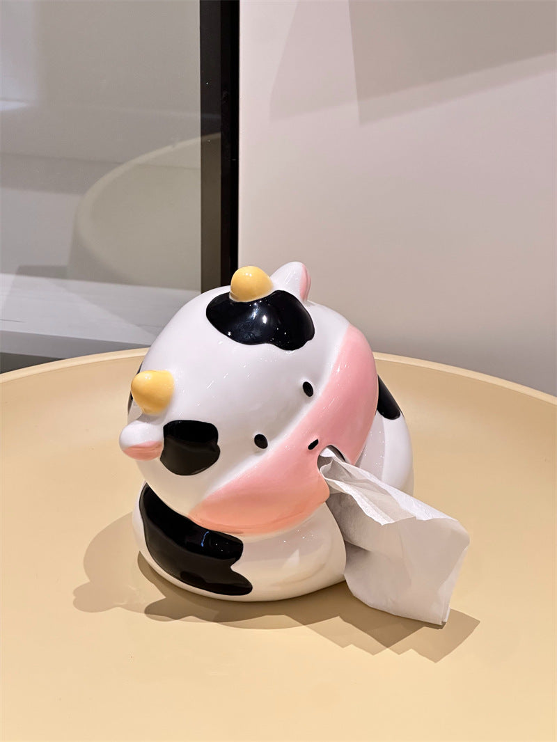 Cute Plump Cow Ceramic Tissue Box , Glossy Kawaii Animal Facial Tissue Holder, Aesthetic Tabletop Decor