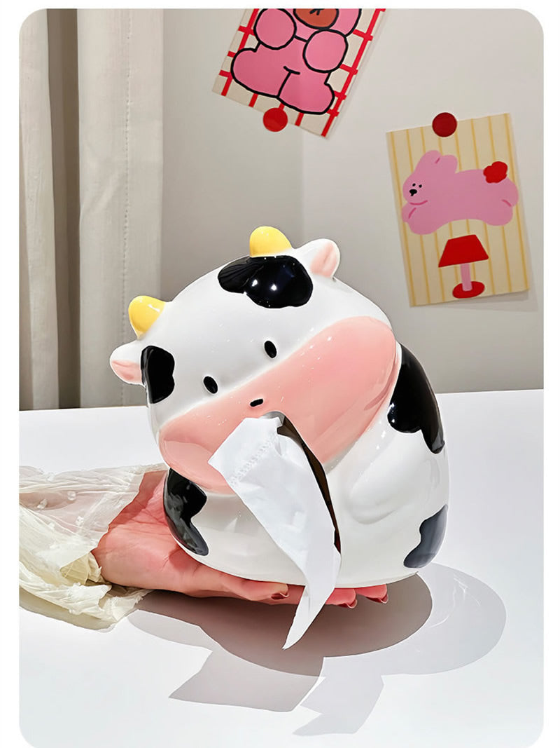 Cute Plump Cow Ceramic Tissue Box , Glossy Kawaii Animal Facial Tissue Holder, Aesthetic Tabletop Decor