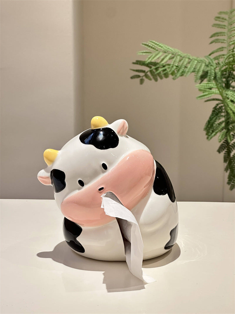 Cute Plump Cow Ceramic Tissue Box , Glossy Kawaii Animal Facial Tissue Holder, Aesthetic Tabletop Decor