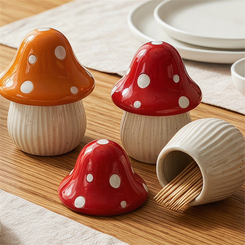 Cute Polka Dot Mushroom Ceramic Toothpick Holder,Cottagecore Dining Table Kitchen Decor