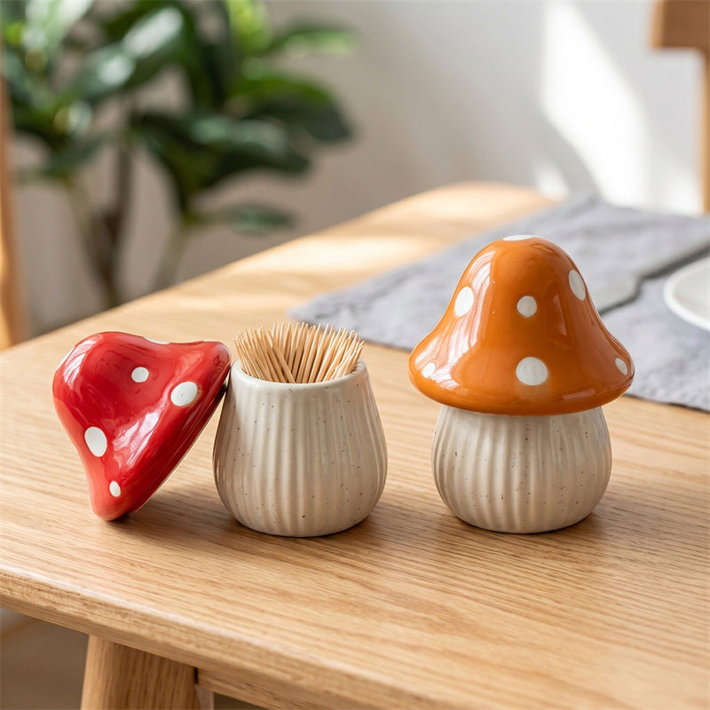 Cute Polka Dot Mushroom Ceramic Toothpick Holder,Cottagecore Dining Table Kitchen Decor
