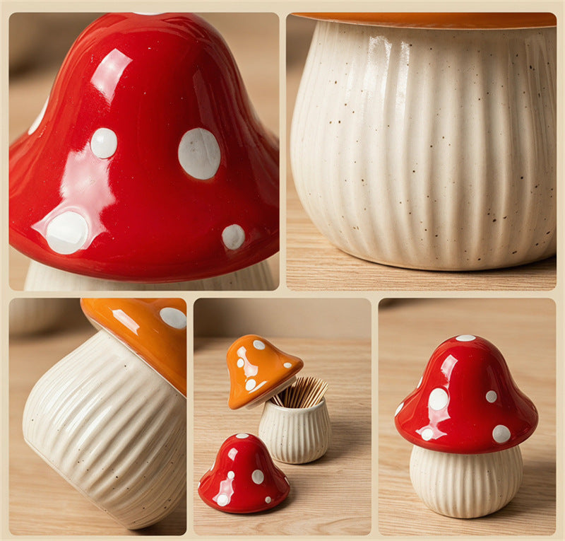 Cute Polka Dot Mushroom Ceramic Toothpick Holder,Cottagecore Dining Table Kitchen Decor
