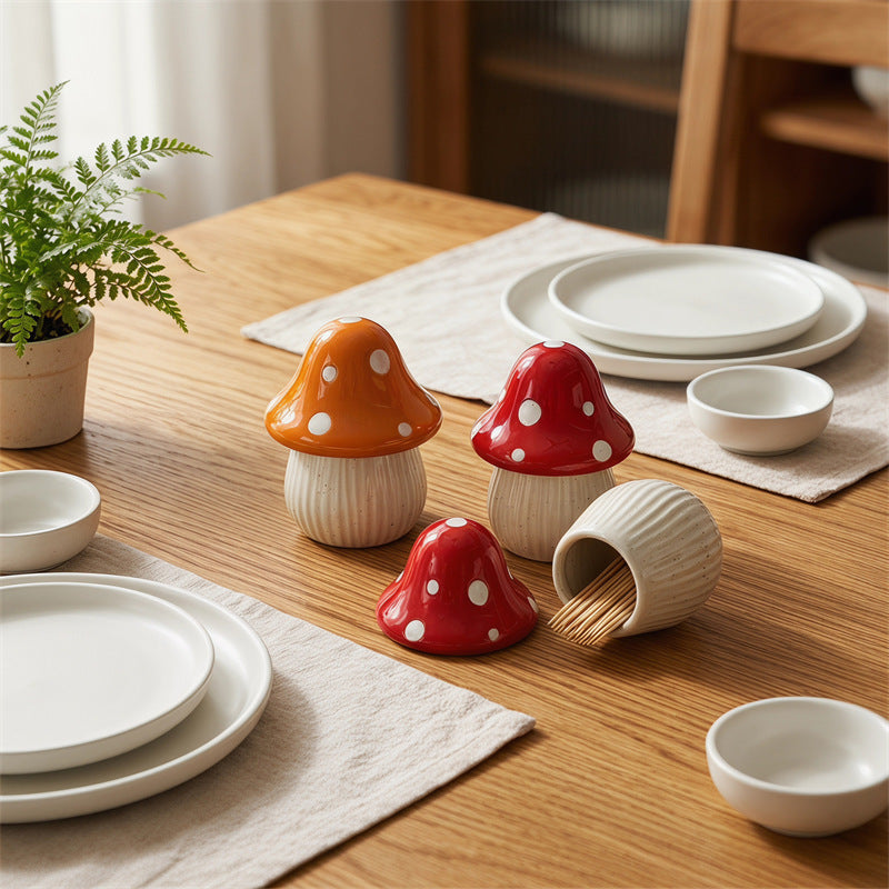 Cute Polka Dot Mushroom Ceramic Toothpick Holder,Cottagecore Dining Table Kitchen Decor