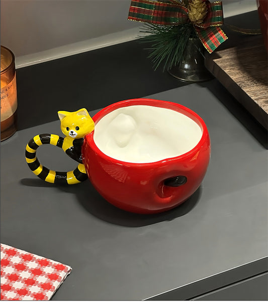 Cute Red Panda Ceramic Mug, Fun Apple Coffee Cup