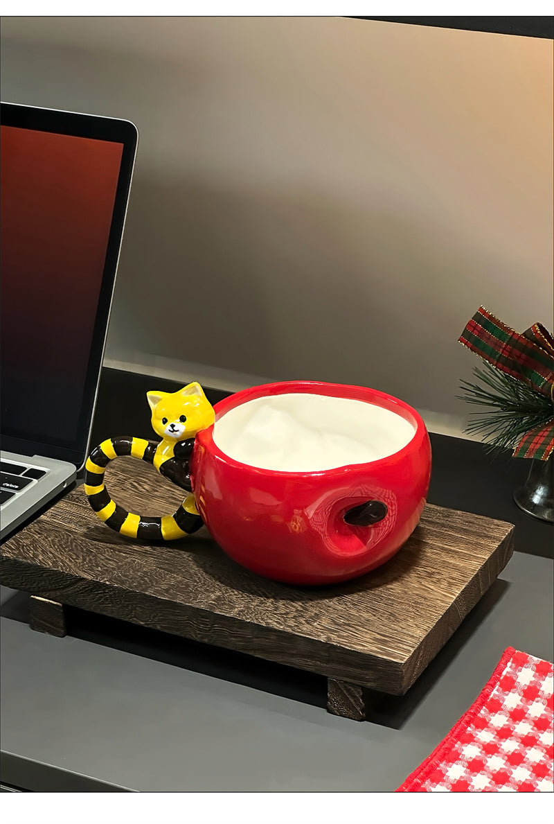 Cute Red Panda Ceramic Mug, Fun Apple Coffee Cup