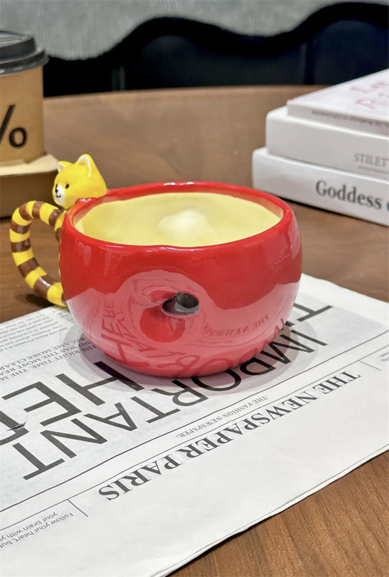 Cute Red Panda Ceramic Mug, Fun Apple Coffee Cup