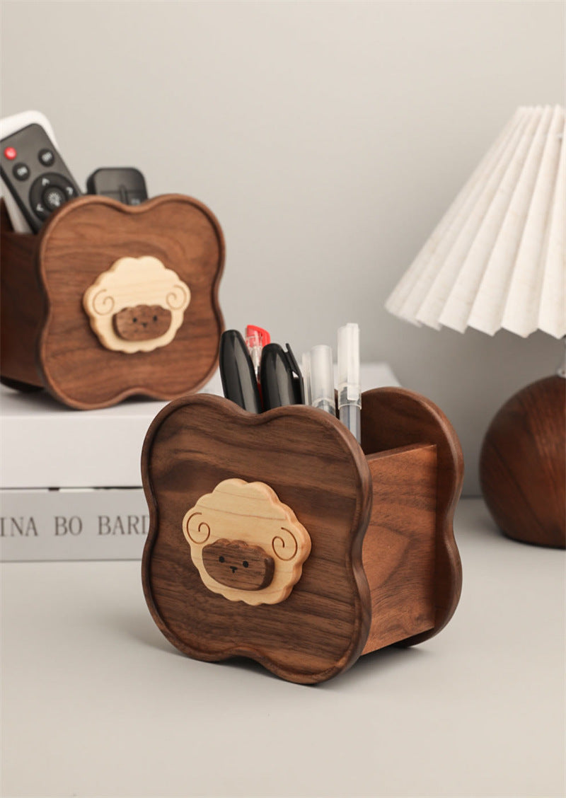 Cute Sheep Flower‑Shaped Wooden Desk Organizer, Solid Wood Pen & Remote‑Control Holder, Whimsical Office & Home Table Decor