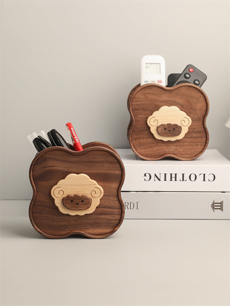 Cute Sheep Flower‑Shaped Wooden Desk Organizer, Solid Wood Pen & Remote‑Control Holder, Whimsical Office & Home Table Decor