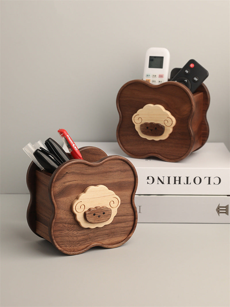 Cute Sheep Flower‑Shaped Wooden Desk Organizer, Solid Wood Pen & Remote‑Control Holder, Whimsical Office & Home Table Decor