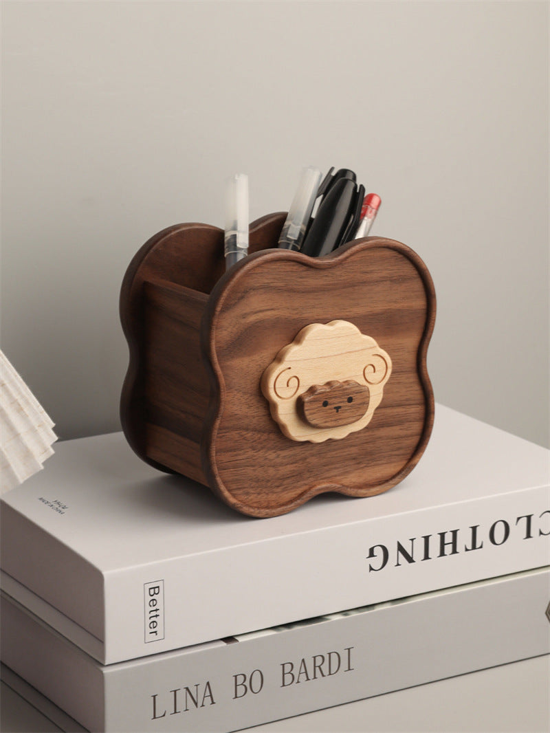 Cute Sheep Flower‑Shaped Wooden Desk Organizer, Solid Wood Pen & Remote‑Control Holder, Whimsical Office & Home Table Decor