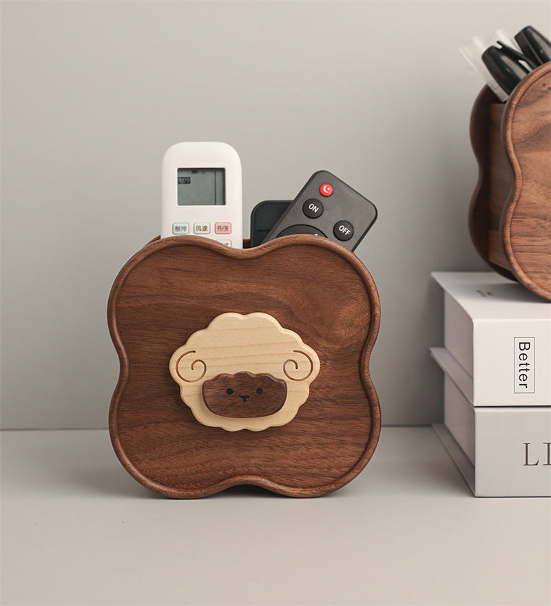 Cute Sheep Flower‑Shaped Wooden Desk Organizer, Solid Wood Pen & Remote‑Control Holder, Whimsical Office & Home Table Decor