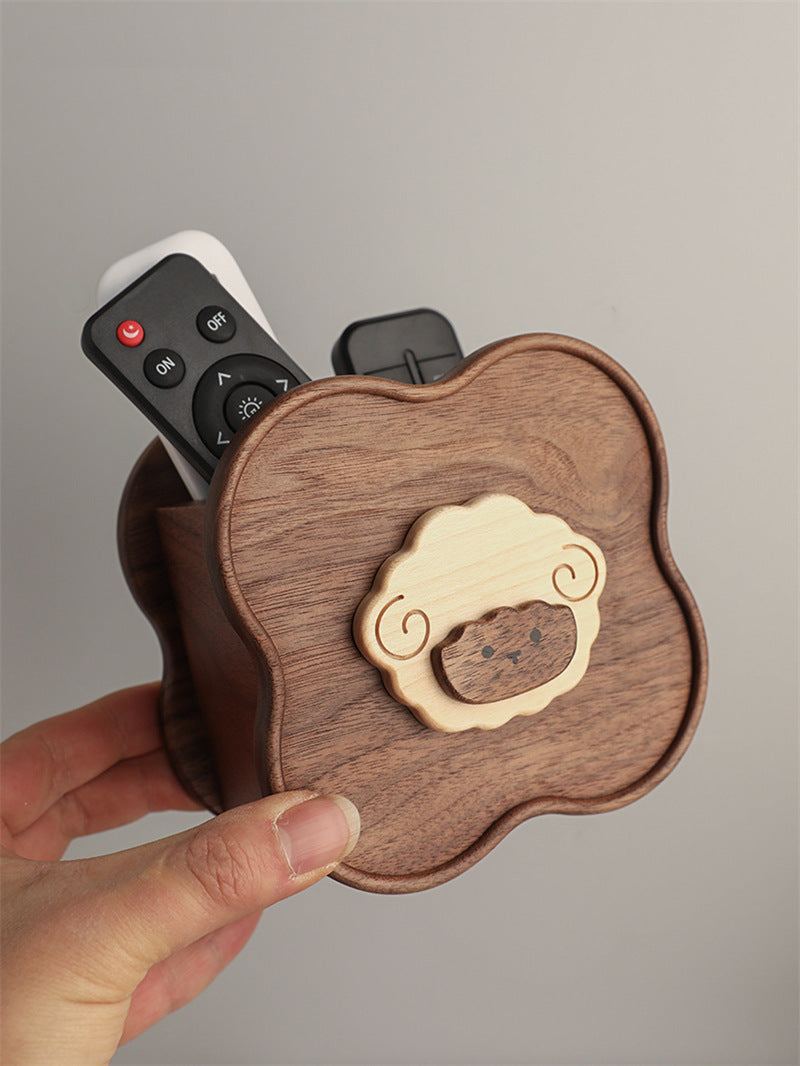 Cute Sheep Flower‑Shaped Wooden Desk Organizer, Solid Wood Pen & Remote‑Control Holder, Whimsical Office & Home Table Decor