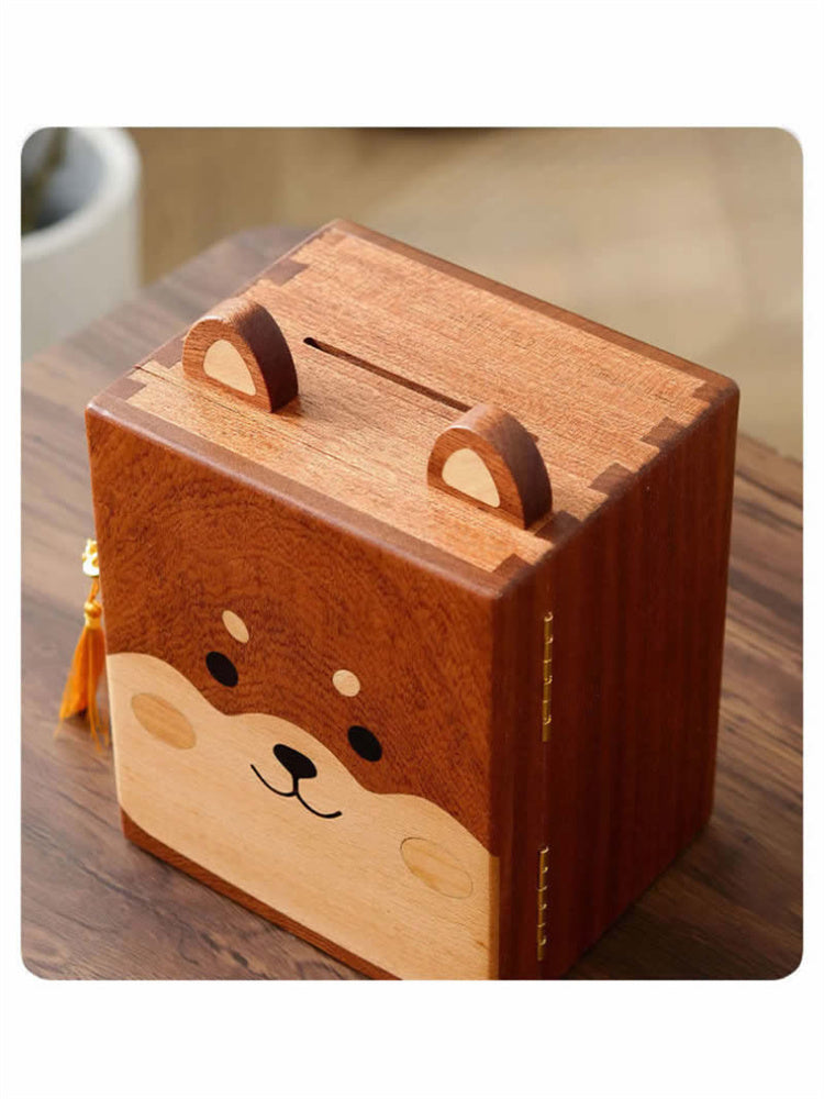Cute Shiba Inu Wooden Piggy Bank with Lock, Kids Coin Cash Storage Jar, Boys Girls Birthday Gift