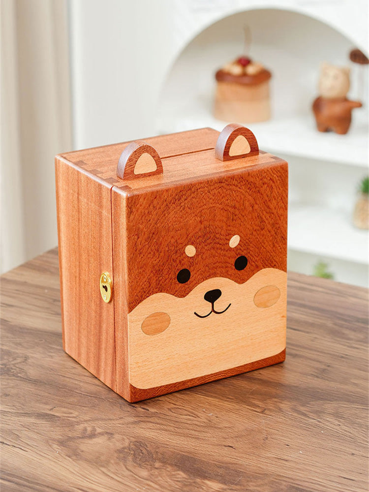 Cute Shiba Inu Wooden Piggy Bank with Lock, Kids Coin Cash Storage Jar, Boys Girls Birthday Gift