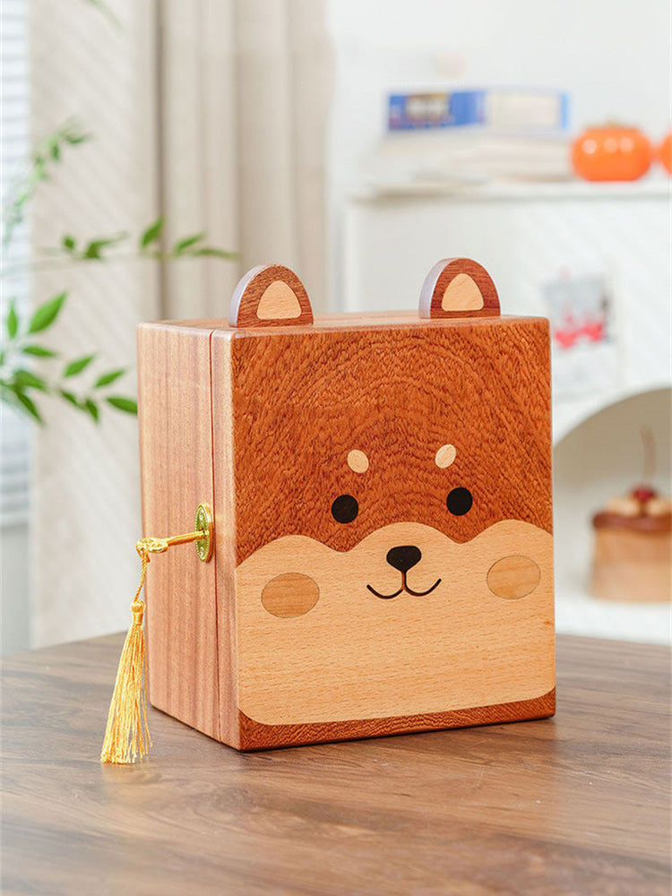 Cute Shiba Inu Wooden Piggy Bank with Lock, Kids Coin Cash Storage Jar, Boys Girls Birthday Gift