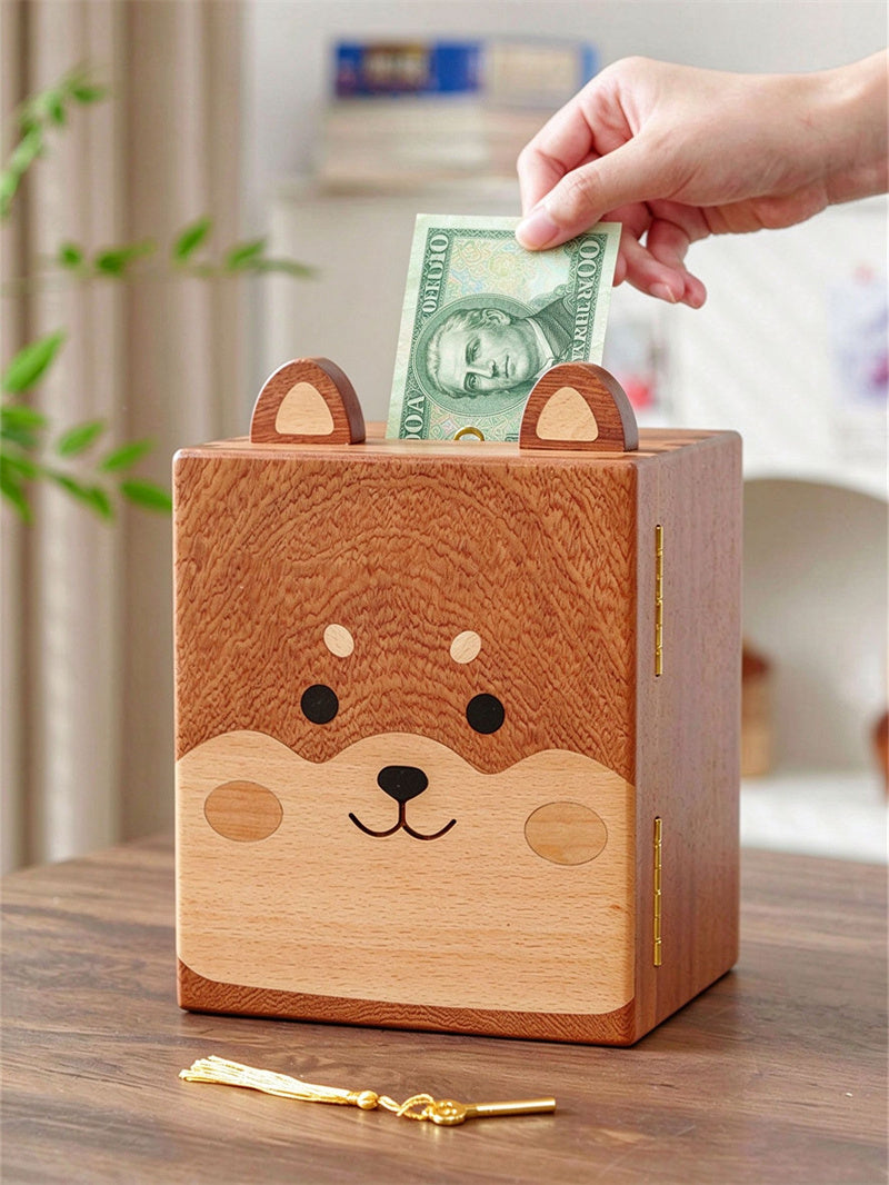Cute Shiba Inu Wooden Piggy Bank with Lock, Kids Coin Cash Storage Jar, Boys Girls Birthday Gift