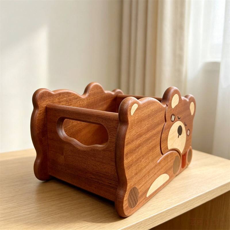 Cute Sleepy Bear Wooden Desktop Storage Bin, Animal Decorative Organizer Box for Cosmetics, Stationery, Kawaii Home Vanity