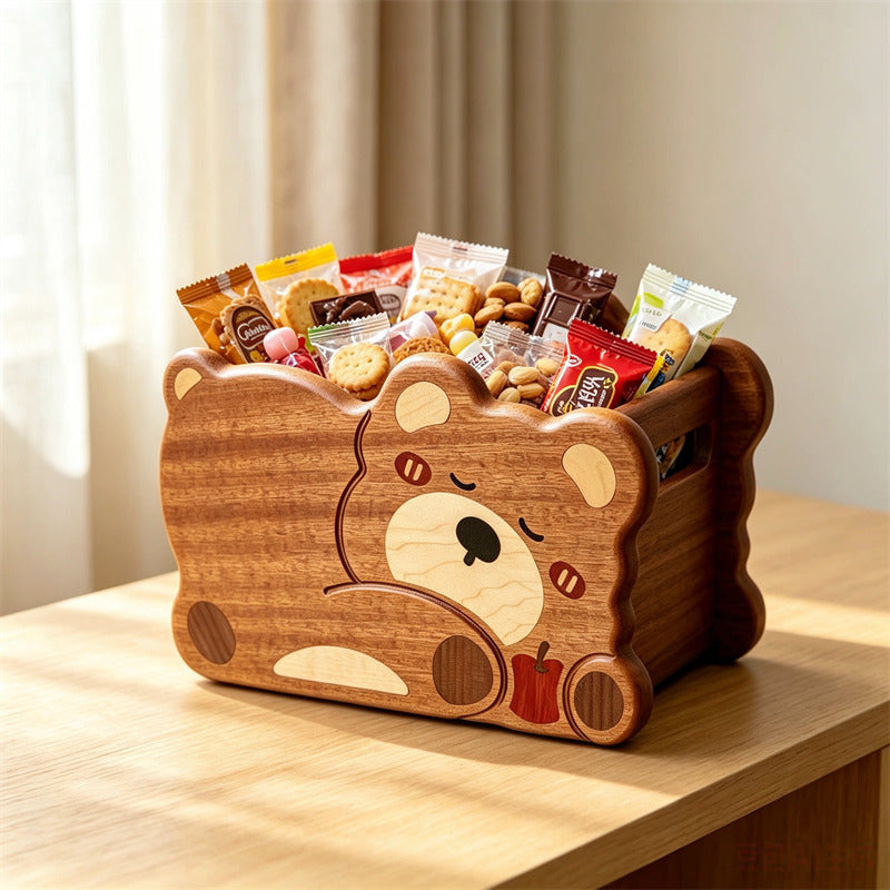 Cute Sleepy Bear Wooden Desktop Storage Bin, Animal Decorative Organizer Box for Cosmetics, Stationery, Kawaii Home Vanity