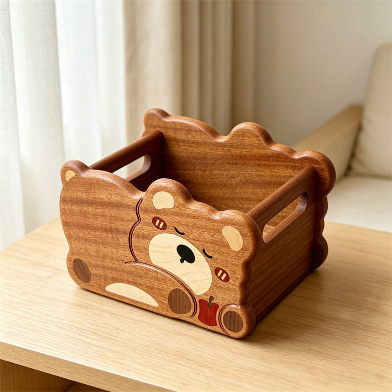 Cute Sleepy Bear Wooden Desktop Storage Bin, Animal Decorative Organizer Box for Cosmetics, Stationery, Kawaii Home Vanity