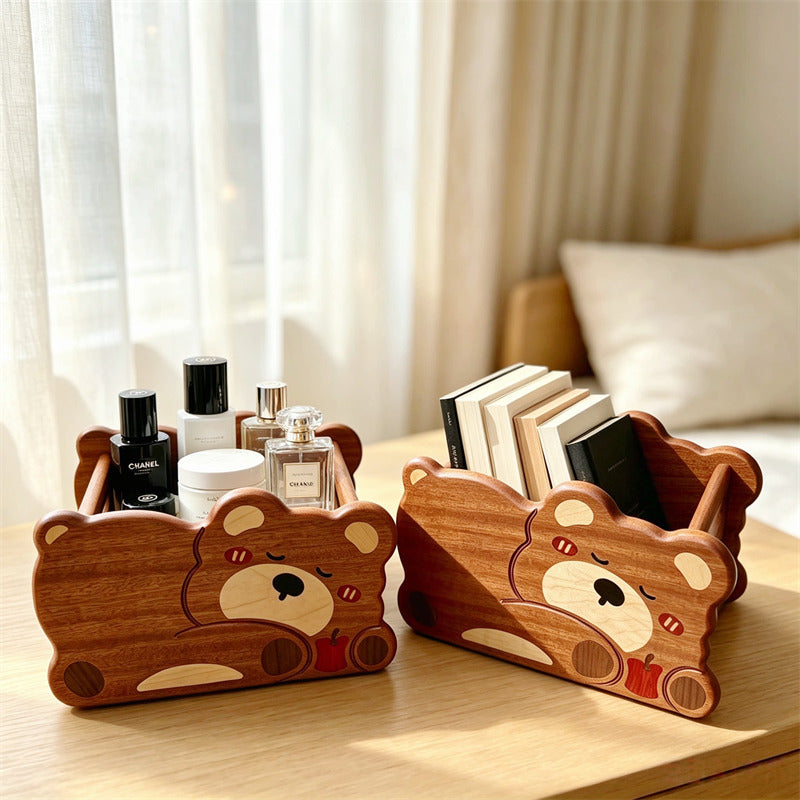 Cute Sleepy Bear Wooden Desktop Storage Bin, Animal Decorative Organizer Box for Cosmetics, Stationery, Kawaii Home Vanity