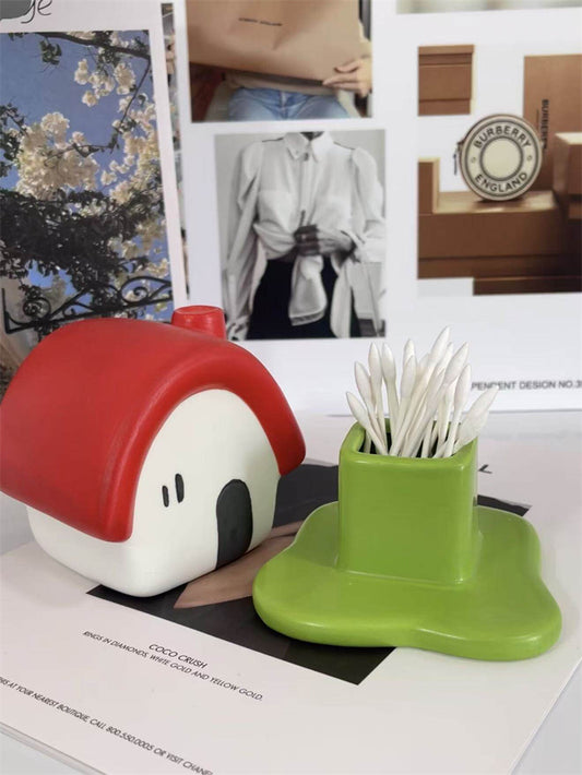 Cute Small House Ceramic Toothpick Holder -  Desktop Organizer for Cotton Swab