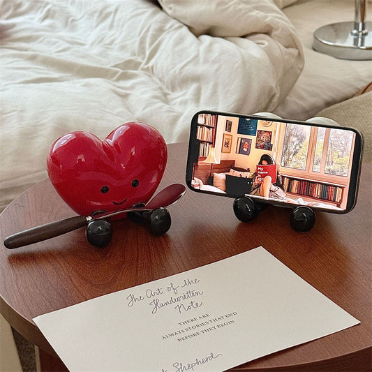 Cute Smiling Heart Ceramic Phone Stand, Red Heart Figurine Desktop Decor, Lovely Phone Holder Gift for Girls, Valentine Home Decoration