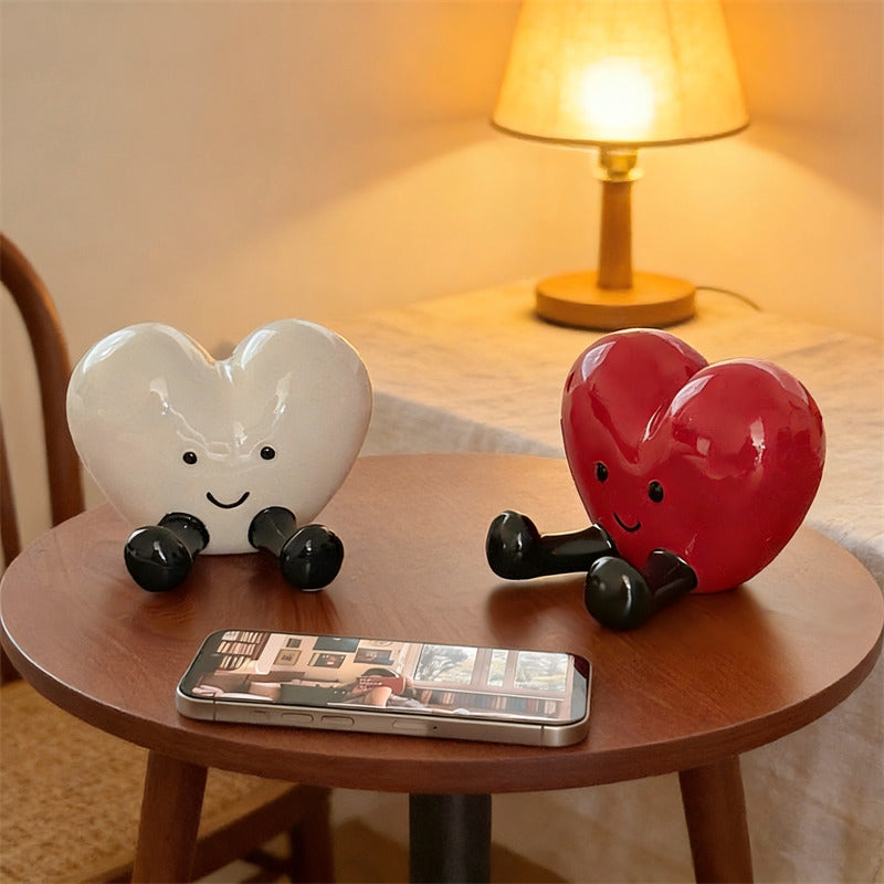 Cute Smiling Heart Ceramic Phone Stand, Red Heart Figurine Desktop Decor, Lovely Phone Holder Gift for Girls, Valentine Home Decoration