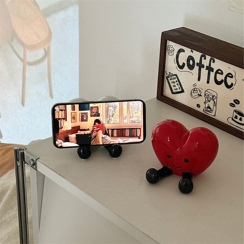 Cute Smiling Heart Ceramic Phone Stand, Red Heart Figurine Desktop Decor, Lovely Phone Holder Gift for Girls, Valentine Home Decoration