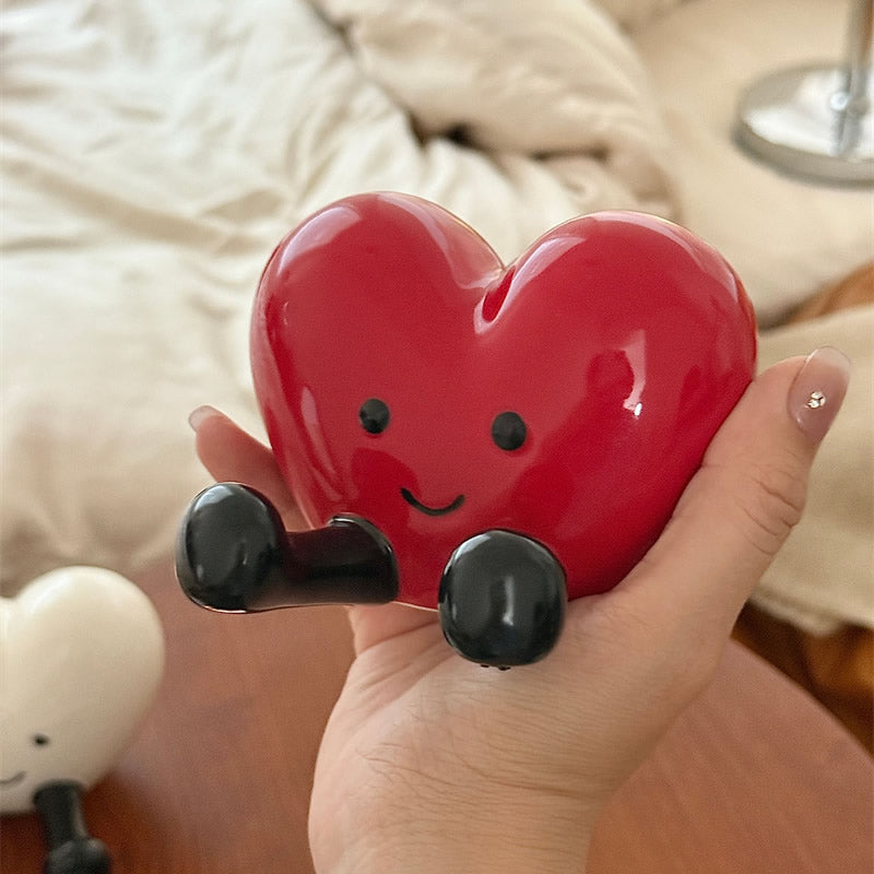Cute Smiling Heart Ceramic Phone Stand, Red Heart Figurine Desktop Decor, Lovely Phone Holder Gift for Girls, Valentine Home Decoration