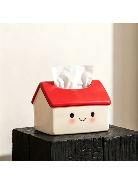 Cute Smiling House Tissue Box Cover, Cartoon Little House Facial Tissue Holder, Decorative Napkin Dispenser for Home Tabletop