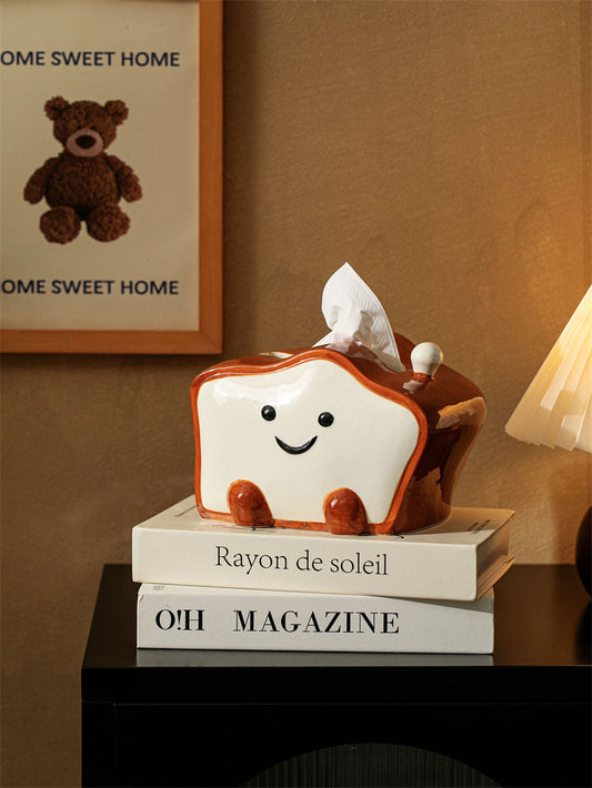 Cute Smiling Toast Bread Ceramic Tissue Box , Farmhouse Cottagecore Table Decor Tissue Holder, Novelty Home Gift for Kitchen Bedroom
