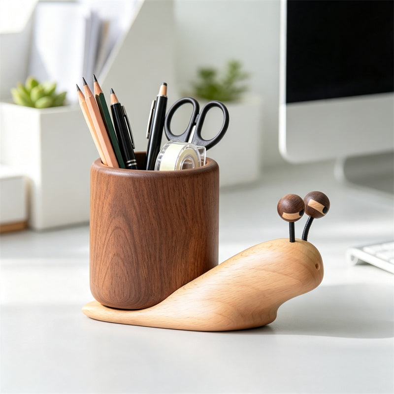 Cute Snail Solid Wood Pen Holder, Two-Tone Natural Hardwood Detachable Pencil Cup, Minimalist Rustic Wooden Desktop Stationery Organizer