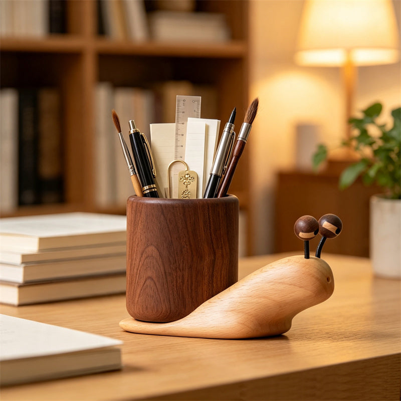 Cute Snail Solid Wood Pen Holder, Two-Tone Natural Hardwood Detachable Pencil Cup, Minimalist Rustic Wooden Desktop Stationery Organizer