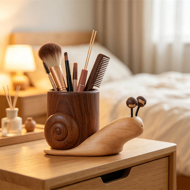 Cute Snail Solid Wood Pen Holder, Two-Tone Natural Hardwood Detachable Pencil Cup, Minimalist Rustic Wooden Desktop Stationery Organizer