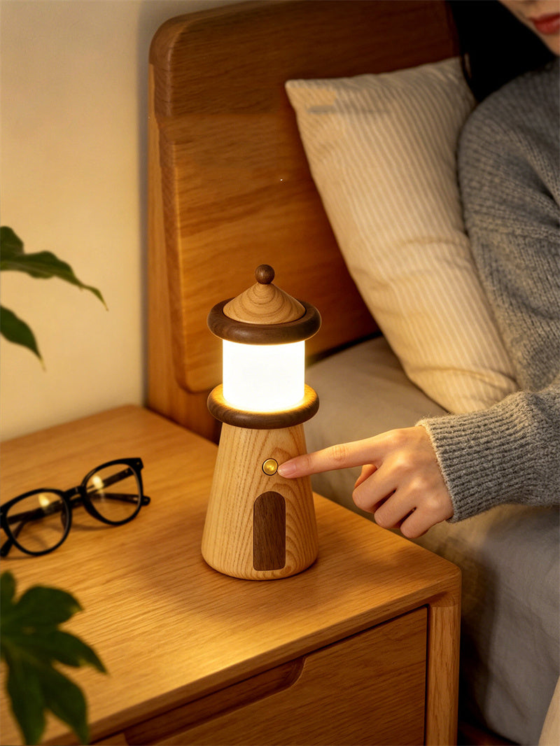 Cute Solid Wood Lighthouse Touch Control Night Light, Rechargeable Bedside Table Lamp, Unique Nautical Decor Gift for Kids Adults