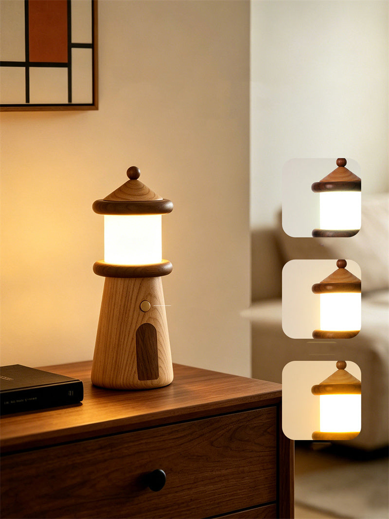 Cute Solid Wood Lighthouse Touch Control Night Light, Rechargeable Bedside Table Lamp, Unique Nautical Decor Gift for Kids Adults
