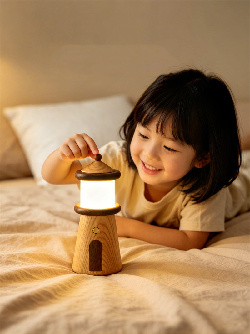 Cute Solid Wood Lighthouse Touch Control Night Light, Rechargeable Bedside Table Lamp, Unique Nautical Decor Gift for Kids Adults