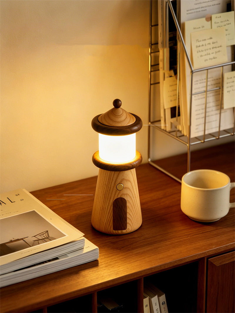 Cute Solid Wood Lighthouse Touch Control Night Light, Rechargeable Bedside Table Lamp, Unique Nautical Decor Gift for Kids Adults