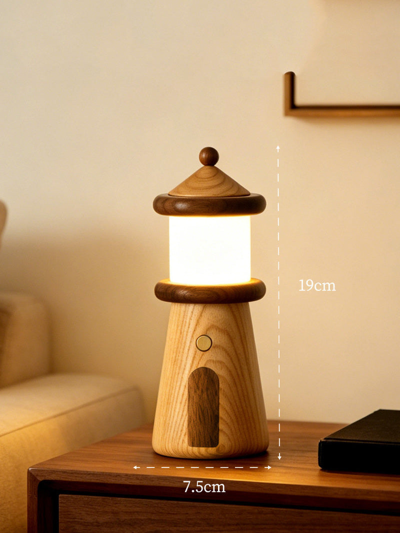 Cute Solid Wood Lighthouse Touch Control Night Light, Rechargeable Bedside Table Lamp, Unique Nautical Decor Gift for Kids Adults