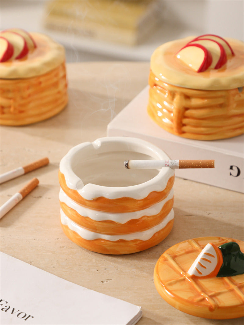 Cute Stacked Pancake Ceramic Storage Jar, 2-in-1 Covered Ashtray & Jewelry Trinket Box, Waffle Lid Fruit Decor Dessert Shaped Table Decor, Novelty Food Themed Gift