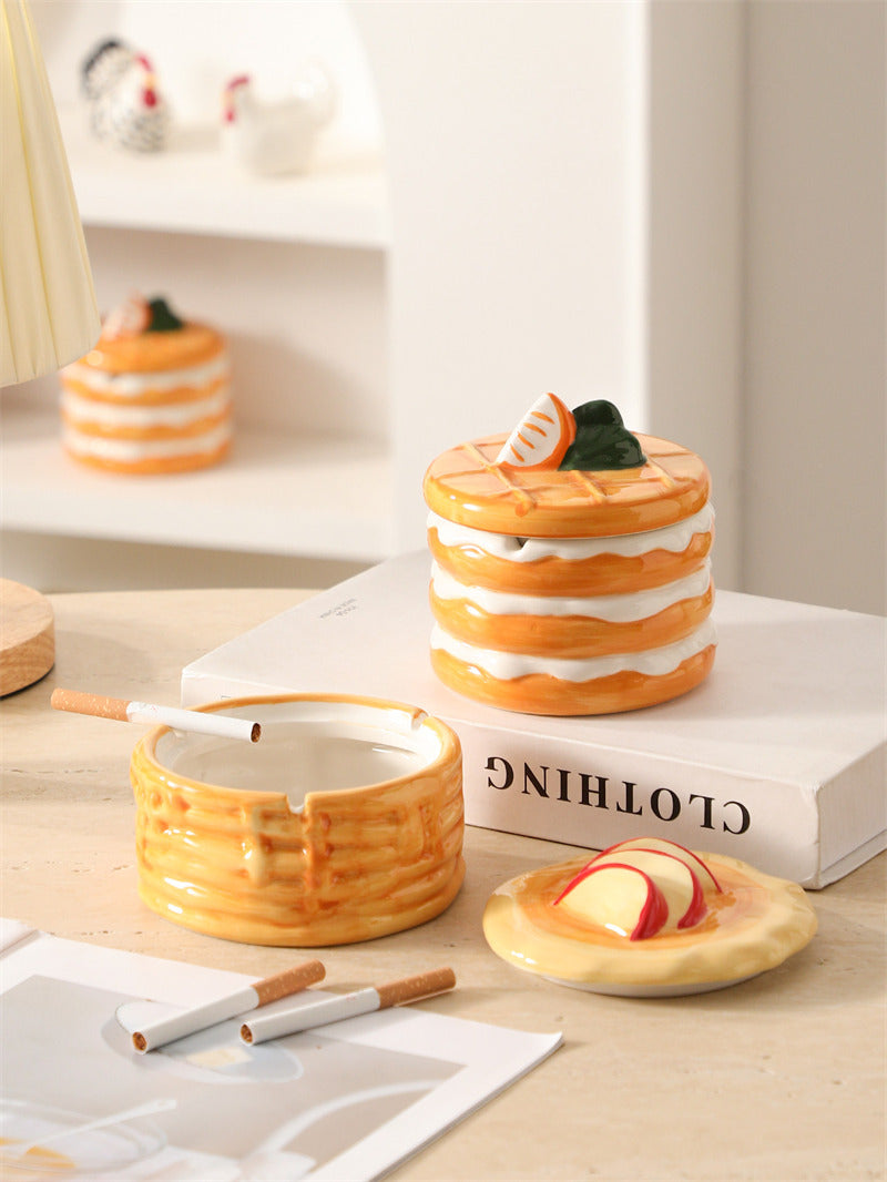 Cute Stacked Pancake Ceramic Storage Jar, 2-in-1 Covered Ashtray & Jewelry Trinket Box, Waffle Lid Fruit Decor Dessert Shaped Table Decor, Novelty Food Themed Gift