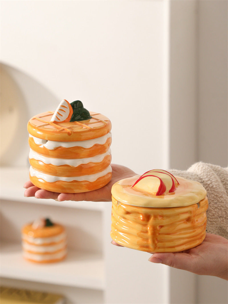 Cute Stacked Pancake Ceramic Storage Jar, 2-in-1 Covered Ashtray & Jewelry Trinket Box, Waffle Lid Fruit Decor Dessert Shaped Table Decor, Novelty Food Themed Gift
