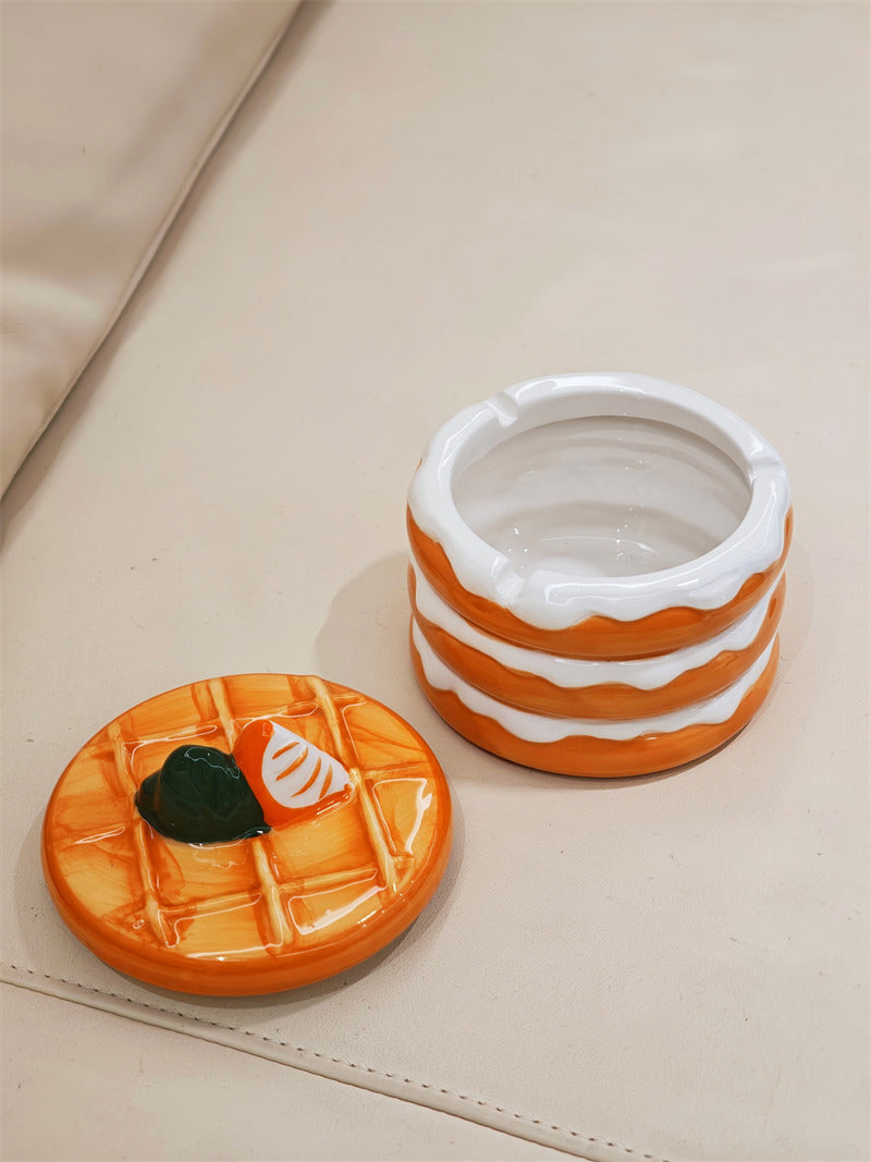 Cute Stacked Pancake Ceramic Storage Jar, 2-in-1 Covered Ashtray & Jewelry Trinket Box, Waffle Lid Fruit Decor Dessert Shaped Table Decor, Novelty Food Themed Gift