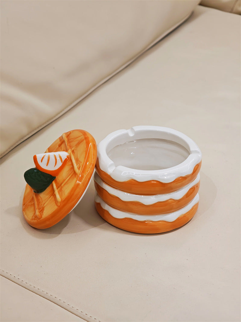 Cute Stacked Pancake Ceramic Storage Jar, 2-in-1 Covered Ashtray & Jewelry Trinket Box, Waffle Lid Fruit Decor Dessert Shaped Table Decor, Novelty Food Themed Gift